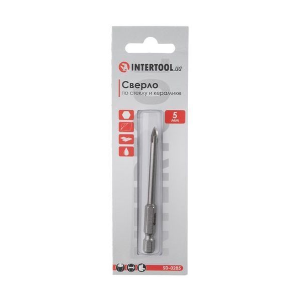 Свердло по склу та кераміці 5 мм HEX 1/4'' (6.35 mm) INTERTOOL SD-0285 SD-0285 фото